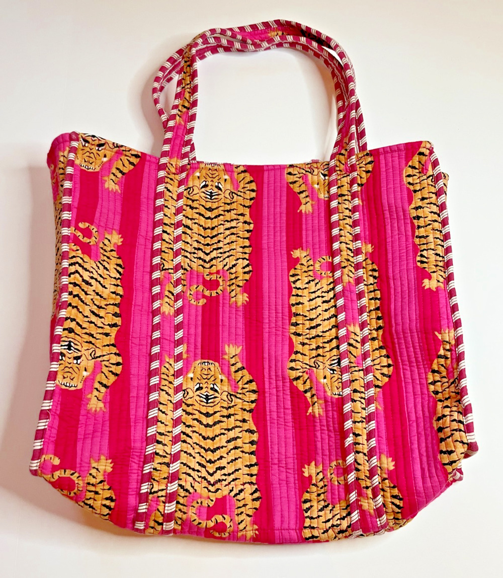 Folklore Couture Handmade Quilted 100% Cotton Pink Tiger Print Tote Bag